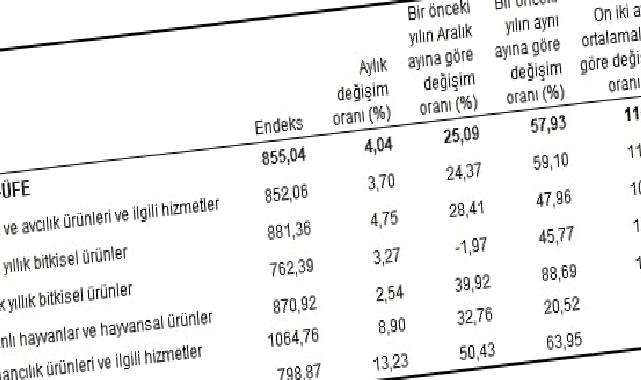 Tarım ürünleri üretici fiyat endeksi (Tarım-ÜFE) yıllık yüzde 57,93, aylık yüzde 4,04 arttı