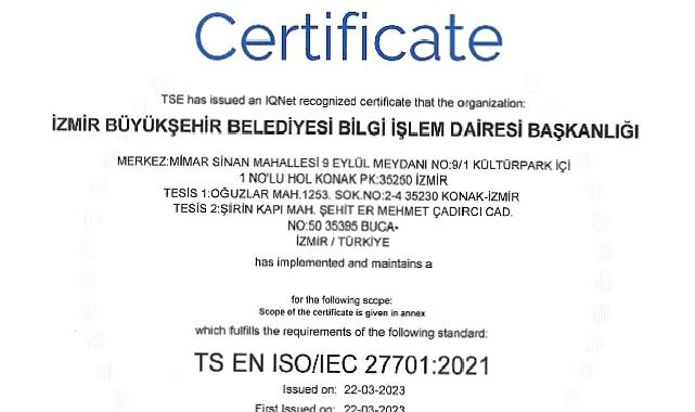 İzmir Büyükşehir Belediyesi ISO 27701 standardına sahip ilk “Büyükşehir” oldu